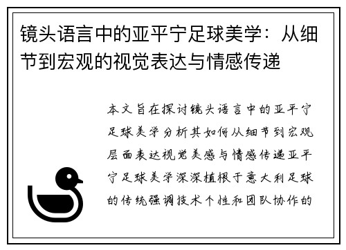 镜头语言中的亚平宁足球美学：从细节到宏观的视觉表达与情感传递