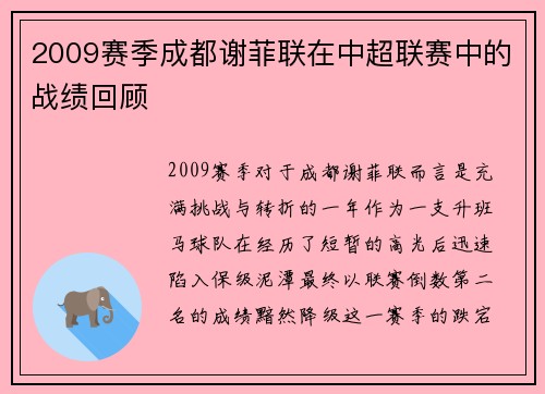 2009赛季成都谢菲联在中超联赛中的战绩回顾