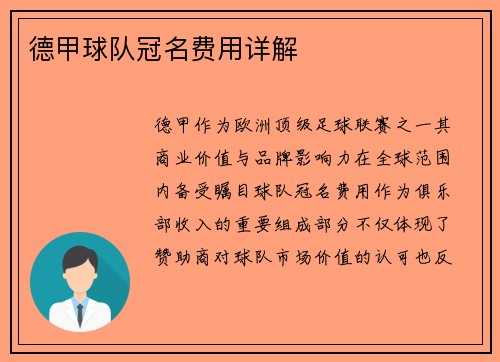 德甲球队冠名费用详解